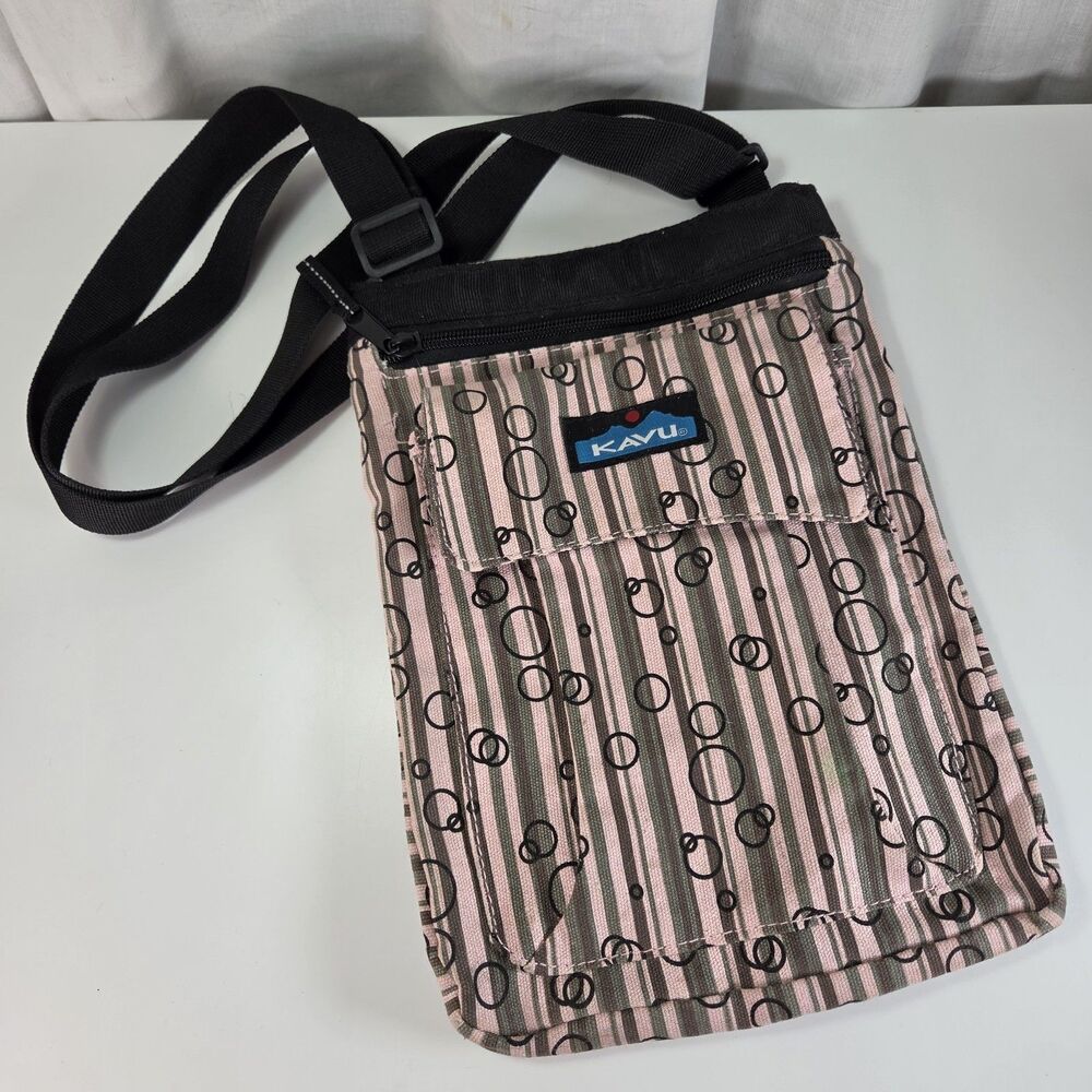 Kavu Keeper Canvas Crossbody Bag Pink w/Green & Brown Stripes & Black Bubbles